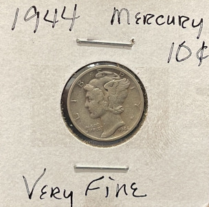 1944 Mercury Dime, 90% Silver, $0.10 Coin