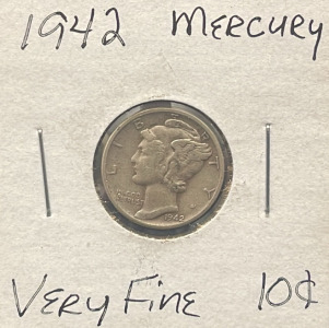 1942 Mercury Dime, 90% Silver, Designer Adolph A. Weinman