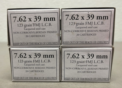 (80) Rounds Of 7.62 x 39 mm 123 Grain FMJ L.C.B. Ammunition, Non-Corrosive, Made in Russia