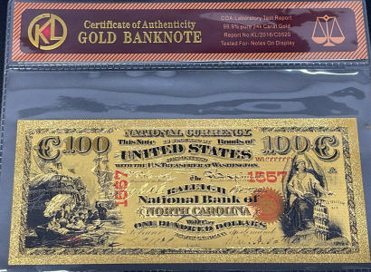 24k Gold-Plated $100 Banknote Replica, KL, Certificate of Authenticity