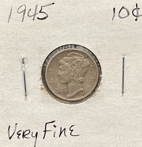 1945 Mercury Dime, 10 Cents, D Mint Mark, 90% Silver