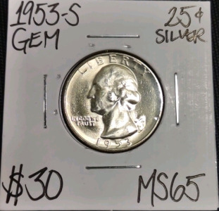 1953-S MS65 Gem Silver Washington Quarter