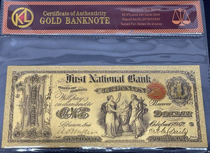 24k Gold Plated Banknote, First National Bank Lebanon, COA Certified