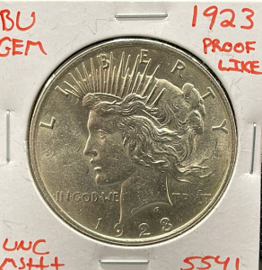 1923 Peace Dollar Coin, BU GEM, Proof Like, No Mint Mark
