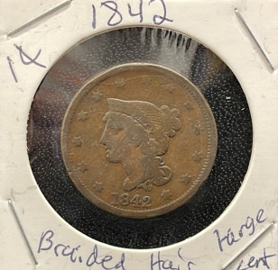1842 United States Braided Hair Large Cent Coin, Copper, Philadelphia Mint