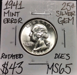 1941 MS65 Mint Error Gem Silver Quarter