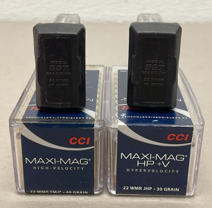 (100) Rounds Of CCI Maxi-Mag HP + V, 22 WMR, 30 Grain, JHP, 2200 FPS Ammunition And (2) Model 597 Magnum 22 WMR Or 17 HMR Magazines