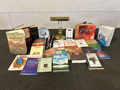 Two Adjustable Desk Lamps , Outlet Warmer Candle, And Religious Books