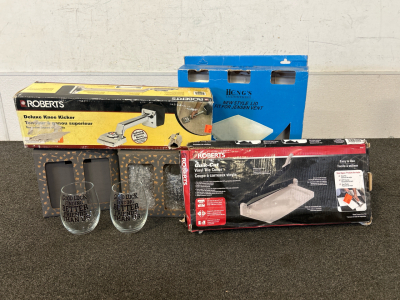 Quik- Cut Vinyl Tile Cutter, Robert's Deluxe Knee Kicker, Hengs Industries New Style Lid For Jensen Vent, and Set Of 4 Glass Cups