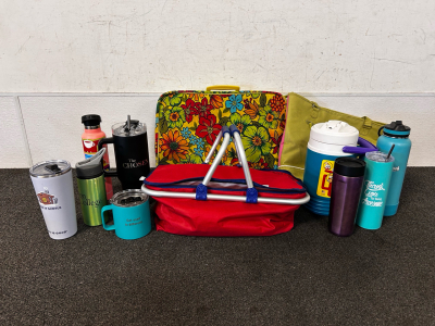 Sub Zero Picnic Style Cooler, (2) Green/ Floral Bags, and (9) Water Container/ Cups