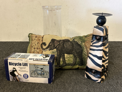 Glass Vase, Zebra Print Candle Holder, Bicycle Lift Mount and Elephant Decorative Pillow