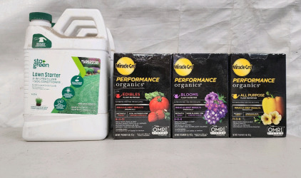 (3) Sta Green Lawn Starter 2 In One Fertilizer And Soil Conditioner And Miricle Grow Performance Organics For (2) Edibles, (2) Blooms, And (2) All Purpose