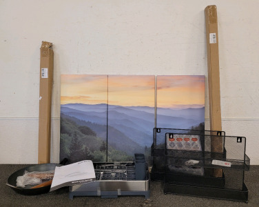 Landscape Canvas And Wall Hanging Art, Dish Rack, Mesh Spice Rack And A Yosukata Skillet