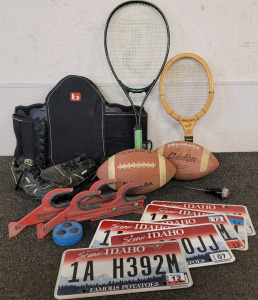 Sports Lot, Including Rackets, Footballs, Cleats, Street Hockey Puck, A Truck Window Gun Rack, License Plates, And More