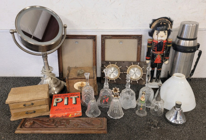 Vintage Springfield Weather Gauges, Vanity Mirror With Lights, Trinket Boxes, Dinner Bells, 1992 Nut Cracker, And Thermos