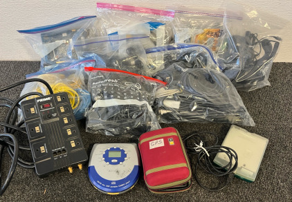 Box of Cords & Electronics Including CD/MP3 Player, Garnin GPS, Computer Mice, Routers & Lots Of Various Cord Types