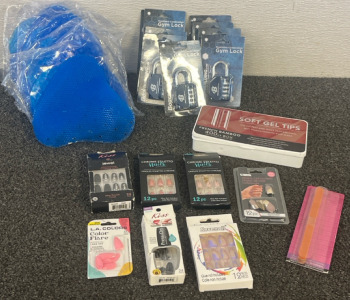 (9) 4-Number Gym Locks, (9) Urinal Screens & Fake Nails & Soft Gel Tips