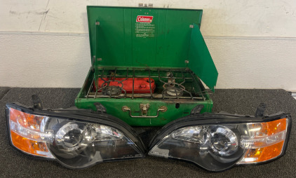 Vintage Coleman 2-Burner Camp Stove & Front Left & Right Car Headlight Assembly
