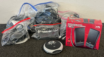 Box Of Cord & Electronics Including Speakers, CD/MP3 Player, Computer Mice, Tv & Computer Cords, Routers & More