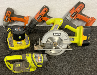 Set of 3 Ridgid Drills,RYOBI ONE+ HP 18V Brushless Cordless 7-1/4 in. Circular Saw, Ryobi Work Light, Ryobi Battery Charger W/ 18V & 14.4V Batteries