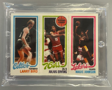 1980 Topps basketball trading card featuring Larry Bird, Magic Johnson, and Julius Erving, "1980 Topps Larry Bird RC Rookie Card Magic Johnson Julius Erving"