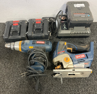 (3) TrueHVL Li-ion 48 V Batteries W/ Charger, Ryobi 18V ONE+ Orbital Jig Saw & Ryobi Corded Drill