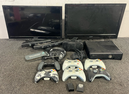 XBOX 360 W/ (6) Controllers, Samsung & Coby Computer Monitors, (2) Sensor Bars, Headphones, Dream Vision Virtual Reality Headset & More