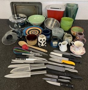Kitchen Items Including Glass Dishes, Silverware, Utensils, Knives, Tupperware & More