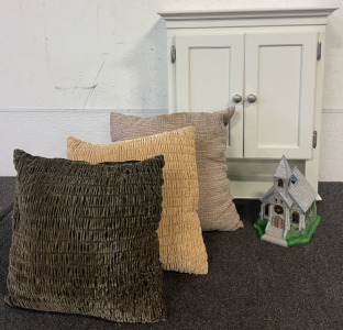 White Wooden Bathroom / Kitchen Cabinet, (3) Throw Pillows & Ceramic Church Candle Holder