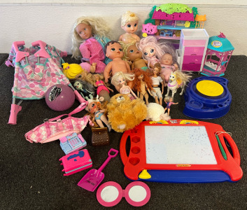 Large Tote Of Toys Including Baby Alive Dolls, Barbie Dolls, Doll Furniture & Accessories, Toy Houses & More
