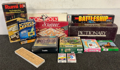 Collection Of Games Including Battleship, Monopoly, Scrabble, Rumi K, Pictionary, Cribbage, Puzzles & Decks Of Cards