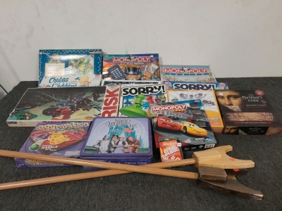 Large Variety of Board Games Including Monopoly, Sorry, Risk, Wood Shuffleboard Sticks & More