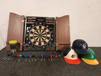 Halex Electric Dart Board with Darts & (3) Vintage Plastic Batting Helmets