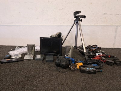 Variety of Electronics Including Speakers, Tpekka Small Monitor, Cords, (5) Battery Chargers, Tripod, RC Car & More