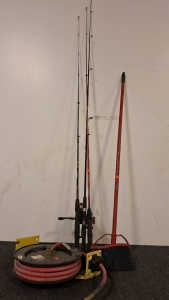 Central Pneumatic 3/8 x 25ft Retractable Hose Reel, (3) Fishing Poles & Broom