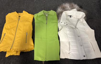 Baccini Moto Jacket - size PS, Ladies Worthington Chico Lime Green Genuine Leather Jacket - Size S, WHITE HOUSE BLACK MARKET White Puffer Bidirectional Zippr Pockets Vest - Small.