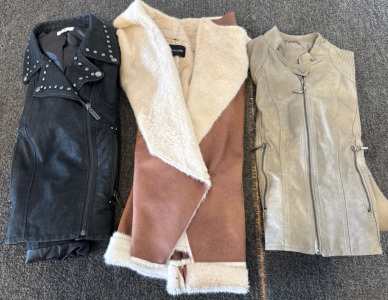 Dolce Cabo Faux Fur Jacket Medium, BP Studded Faux Suede Moto Black Jacket Large, NWT Studio M Faux Leather Eliane Moto Gray Jacket Medium.