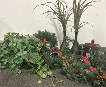 Faux Pampas Grass in Beautiful Black Long Neck Vases, Faux English Ivy for Decor, and Wreaths.