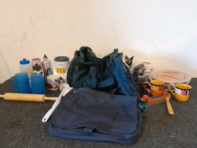 Dishes, Mugs, Tea Kettle, Silverware, Rolling Pin, Breast Milk Warmer, Water Bottles, (3) Bags Including Large Green Duffle Bag, Novo Nordisk Duffle Bag & Sachel