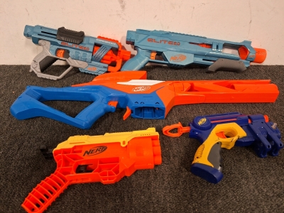 (2) Nerf Elite 2.0 Guns, Nerf Pinpoint Dart Blaster & (2) Smaller Nerf Guns
