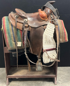 Western Horse Saddle Complete with Bucking Roll, Spanish Silver, Breast Collar, Saddle Blanket & Saddle Stand