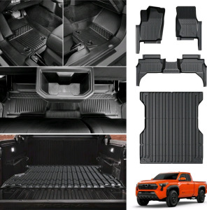 Floor Mats and Trunk Bed Mat for 2024 Toyota Tacoma Double Cab 5FT All Weather Protection TPE Waterproof Floor Liner and Truck Bed Liner for Toyota Tacoma Accessories