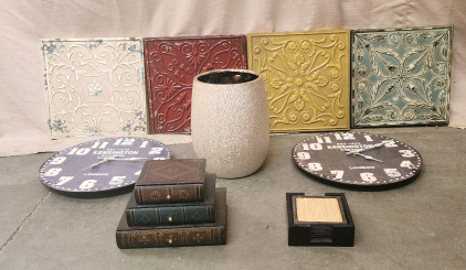 (4) Wall Art Tiles, (2) Kensington Station Clocks, And Other Decor
