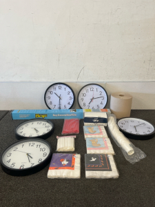 (5) Wall Clocks, Decorative Film, Halloween Napkins, Lollipop Sticks, 7 1/2&rdquo; Black Sip Stirrers (4) Rolls of Papertowels And More!!!