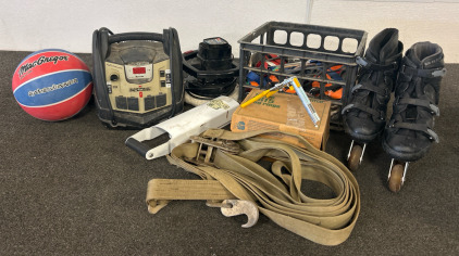 (Working) Type M Hog Nail Ring Pliers With 10,000 Hog Hook Rings, Schumacher Electric SJ1332 Portable Power Station Jump Starter (Unable To Test, Missing Cord), Box Of Tie-Down Ratchet Straps and Bungee Cords, (Working) WEN 10-inch Random Orbital Waxer/Po