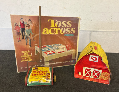 Vintage Fisher-Price Musical Sweeper (Works/Plays Music), Vintage Toss Across Game Of Beanbag Tic Tac Toe, 1960&rsquo;s Vintage Ideal Toys Farm Playset With Vinyl Carrying Case