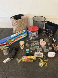 (8) Bags of Army Figures, Waste Baskets, Take Off The Game That Teaches Geography And Much More!!!