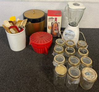 Kitchen Items Including Oysterizer Blender, (2) Wine Coolers, (12) Canning Mason Jars & More