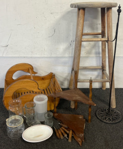 Home Decor Including Swan Magazine Basket, Wooden Stool, Wooden 3-Tier Shelf, Glasses, Etc.
