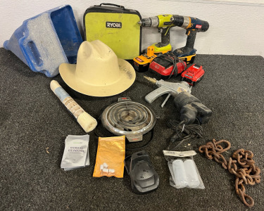 Tools Including Ryobi Cordless Drills W/ Batteries, Ryobi Auto Hammer W/ Battery & Battery Charger, Air Paint Sprayer Attatchment & More